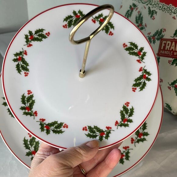 VTG two tiered porcelain tidbit serving tray Holly & Berry Design. - Picture 2 of 7